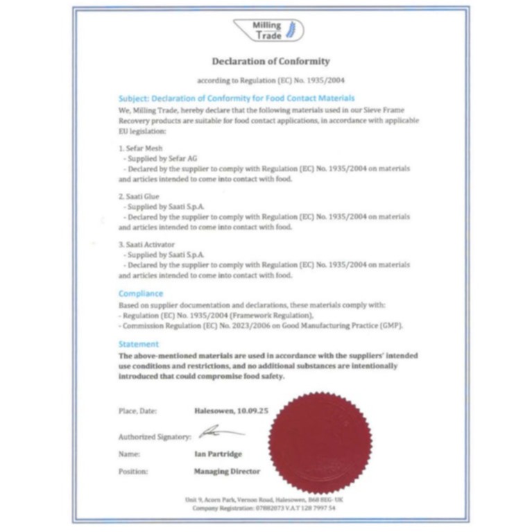 Milling Trade Certificate of Conformity