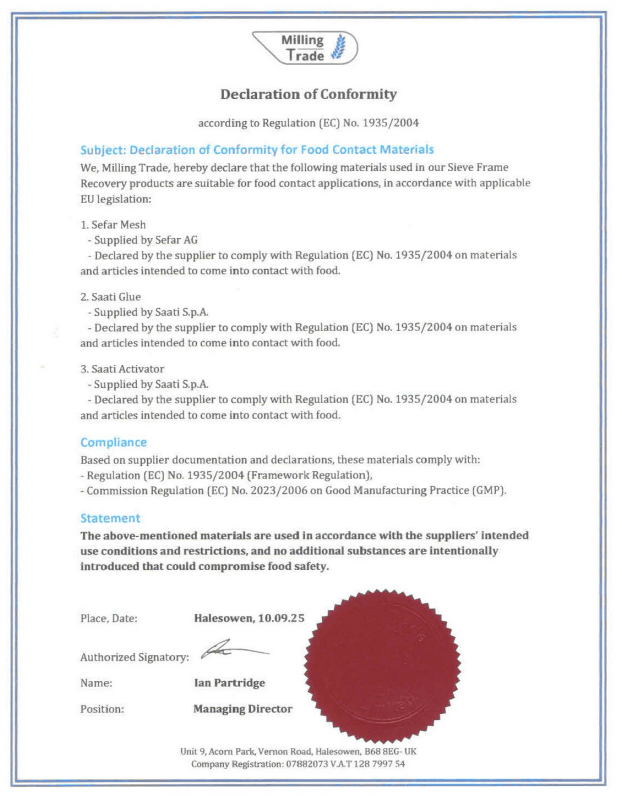 Milling Trade Certificate of Conformity
